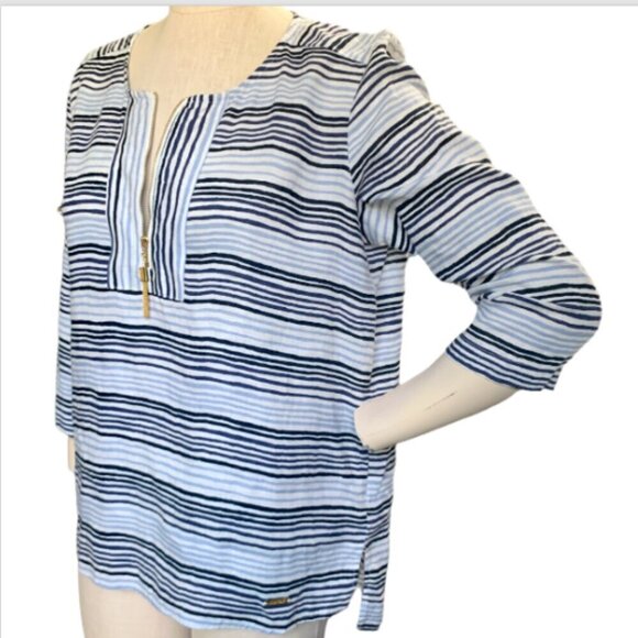 Ellen Tracy Striped Linen Tunic Top 1/2 Zip Tassel Blue & White Sz L #43N - Picture 4 of 9
